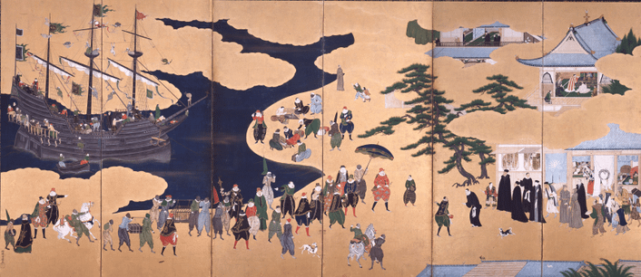 狩野内膳作『南蛮人渡来図』(右隻)神戸市立博物館所蔵