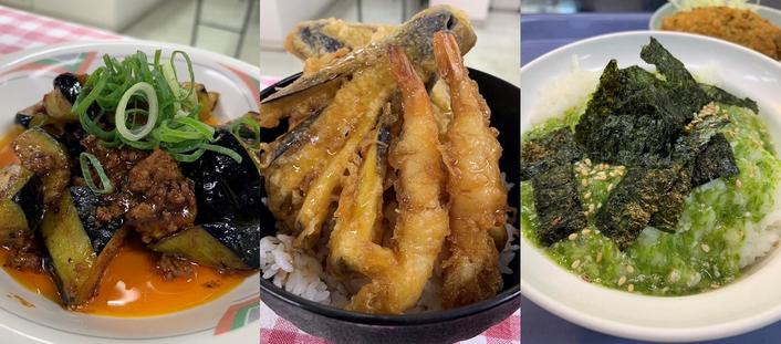 左からピリッと辛味の効いた濃厚麻婆ナス、ボリューム満点茄子天丼、100円朝食のメイン料理オクラ丼